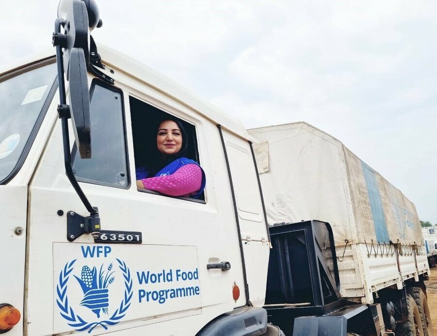 Ume Kulsoom at the wheel of a truck in South Sudan