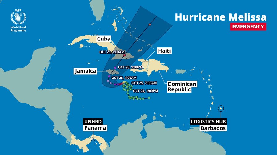 A blue map showing the movements of Hurricane Melissa around Jamaica